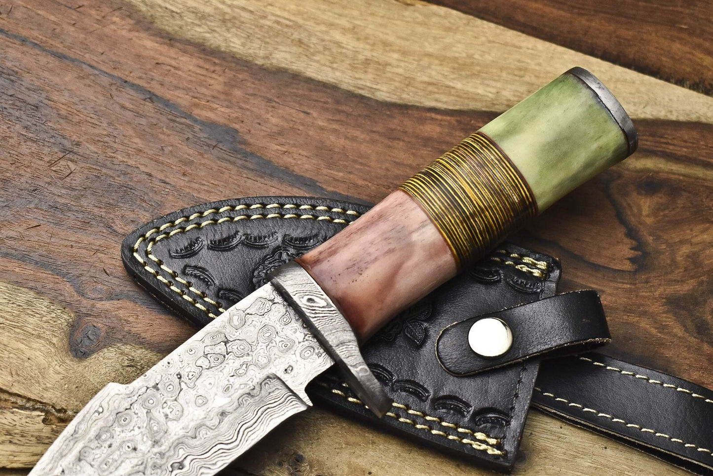 Forged Rain Drop Damascus Skinner Knife – Camel Bone & Wood Handle with Leather Sheath