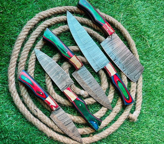 Custom Handmade Damascus Steel 5-Piece Chef Knife Set with Leather Bag for Kitchen