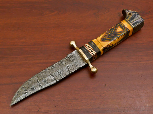 10.5 Inch Damascus Hunting Knife with Camel Bone and Pakka Wood Handle