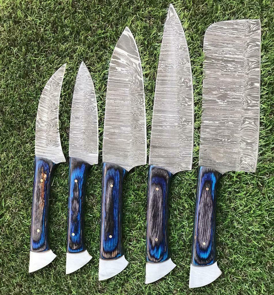 Custom Handmade Twist Damascus Steel Chef Knife Set – Walnut Wood Handle, 9"-13" Blade
