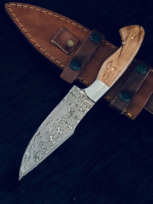 10" Custom Handmade RainDrop Damascus Bowie Hunting Knife – Wood Handle