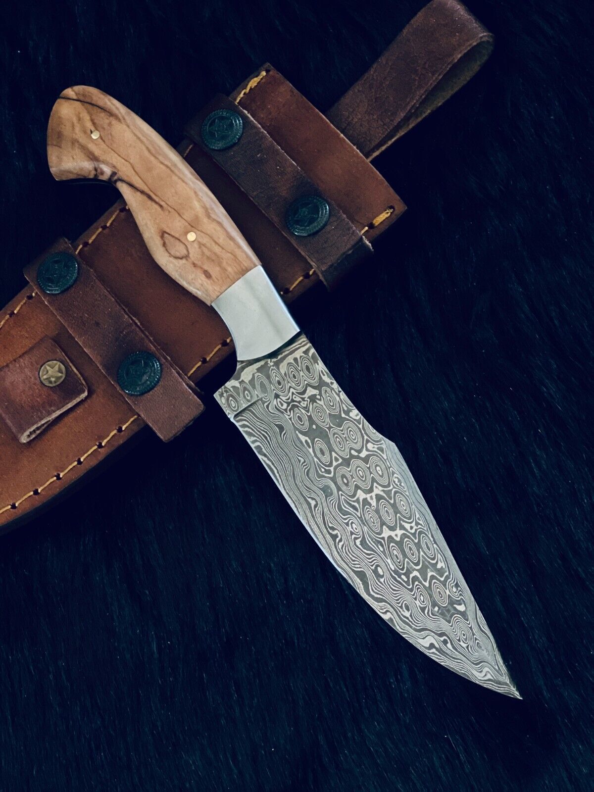 10" Custom Handmade RainDrop Damascus Bowie Hunting Knife – Wood Handle
