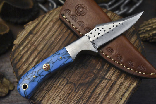 7" 440C Steel Skinner Knife with Corian Handle & Steel Bolster Leather Sheath