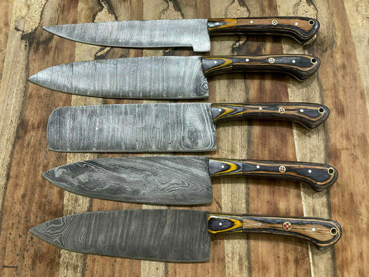Exquisite 5-Piece Handmade Damascus Steel Chef Knife Set – Custom Kitchen Collection