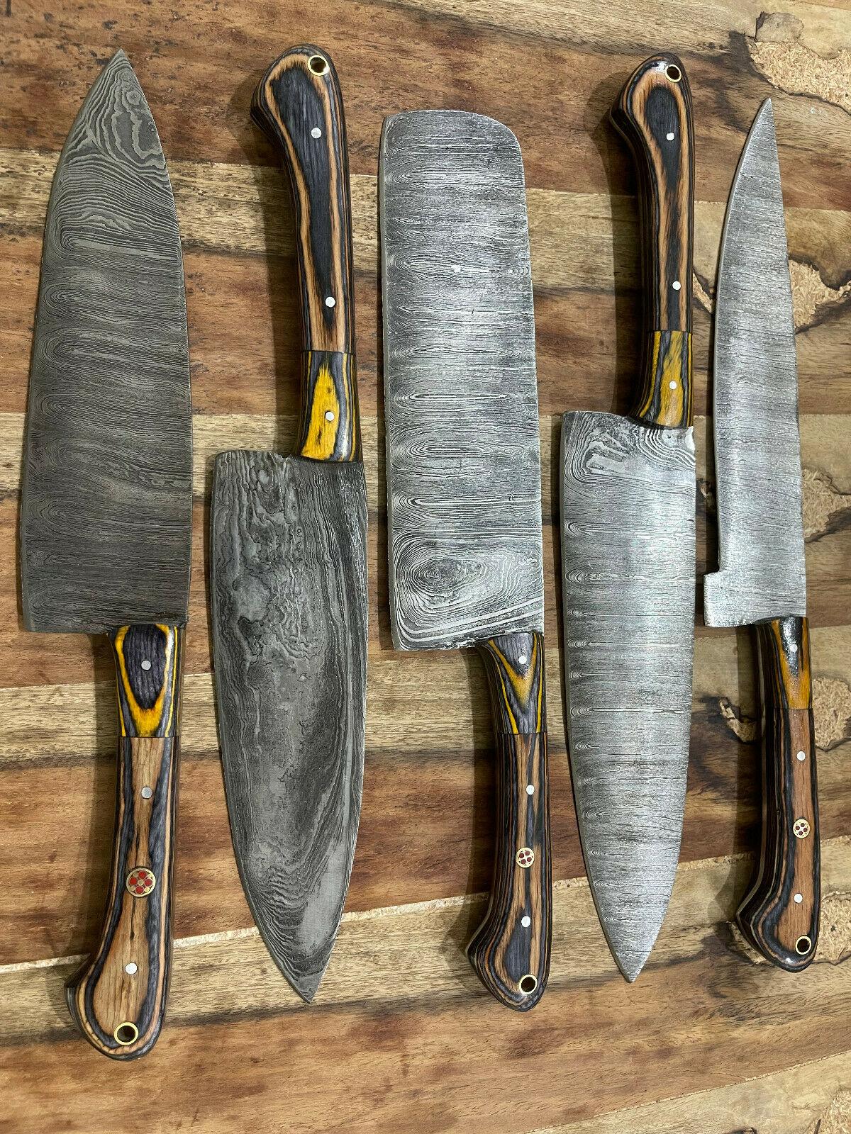 Exquisite 5-Piece Handmade Damascus Steel Chef Knife Set – Custom Kitchen Collection
