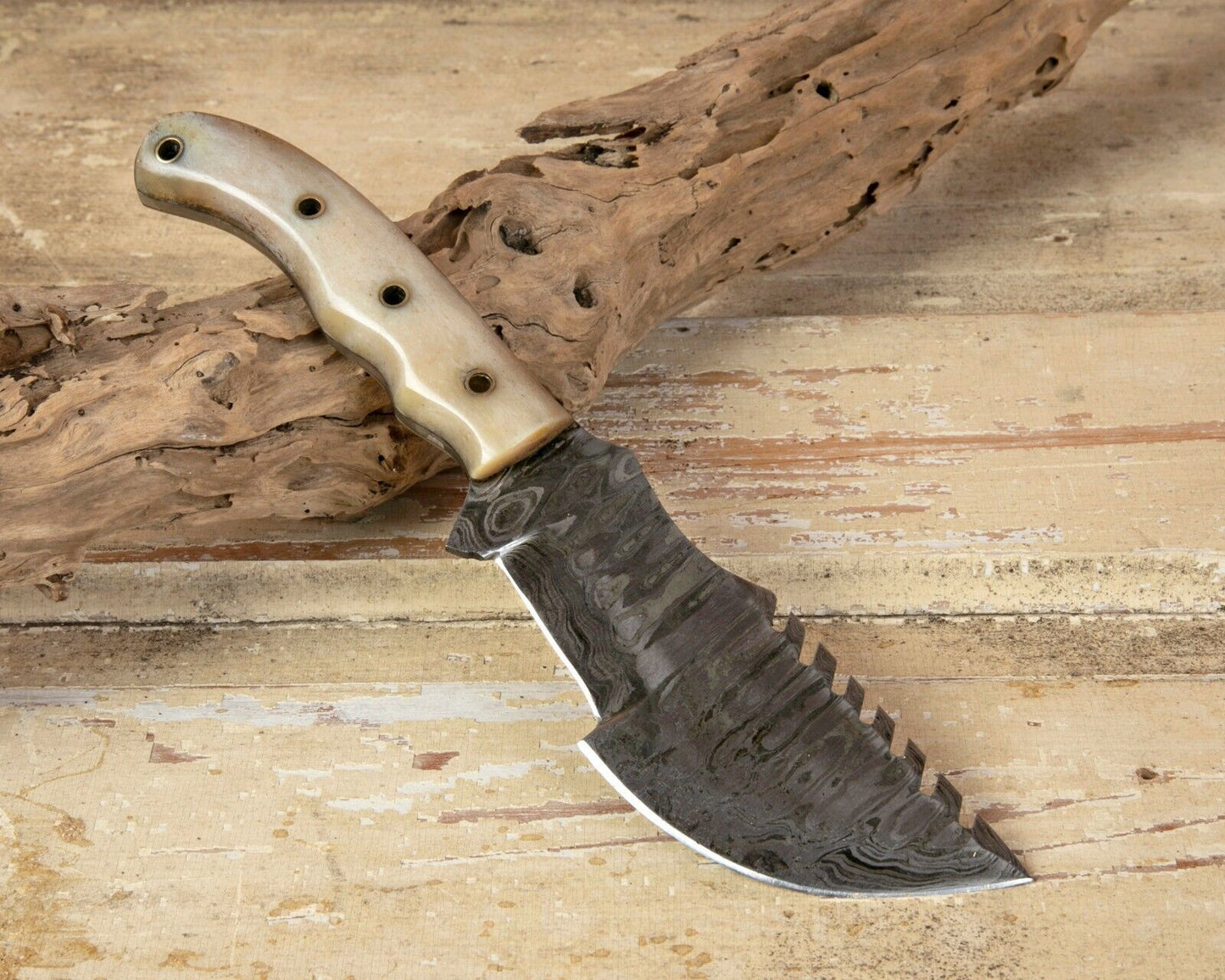 10" Handmade Damascus Tracker Hunter Survival Bushcraft Knife | Bone Handle & Leather Sheath