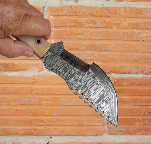 10" Handmade Damascus Tracker Hunter Survival Bushcraft Knife | Bone Handle & Leather Sheath