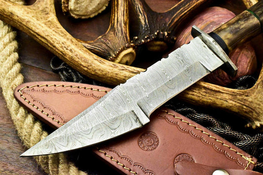 13" Custom Handmade Damascus Bowie Hunting Knife – Camel Bone Handle