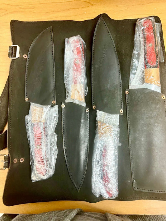 Handmade Damascus Steel 4-Piece Chef Knife Set – Twist Pattern Blades with Wood Handle & Leather Sheath
