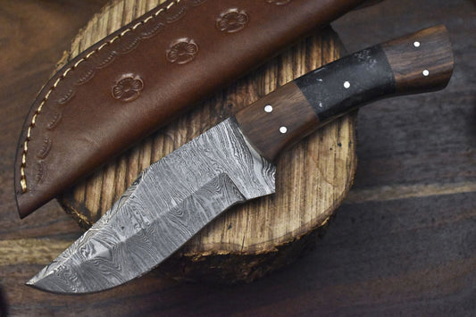 Custom Twist Damascus Skinner Knife Corain Handle Wooden Bolster Tactical Blade
