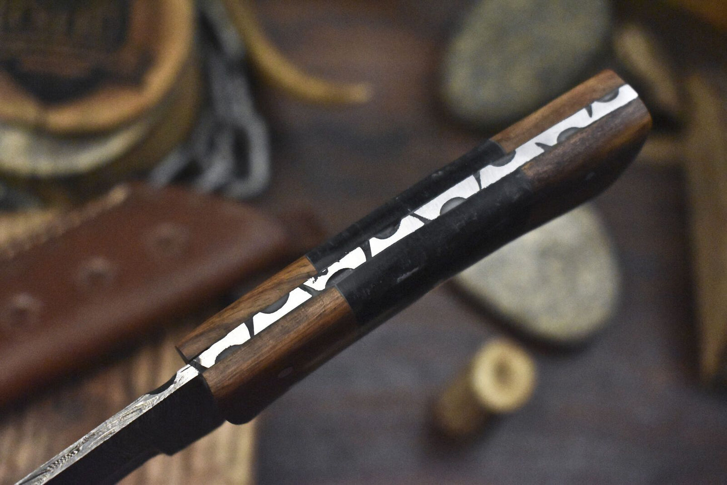 Custom Twist Damascus Skinner Knife Corain Handle Wooden Bolster Tactical Blade