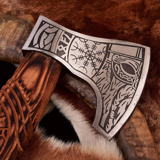Handmade Viking Axe with Hand-Forged Carbon Steel Blade and Wood Handle with Etching