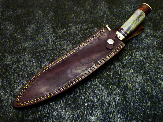 Hand Forged Damascus Bowie Hunting Knife – Stained Bone Handle