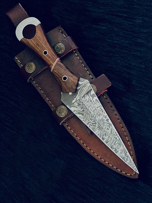 9.5" Fire Damascus Dagger Bowie Knife – with Wood Handle