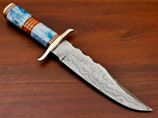 Nomads Edge 12” Damascus Bowie Knife | Stained Camel Bone & Pakka Wood Handle with Brass Guard