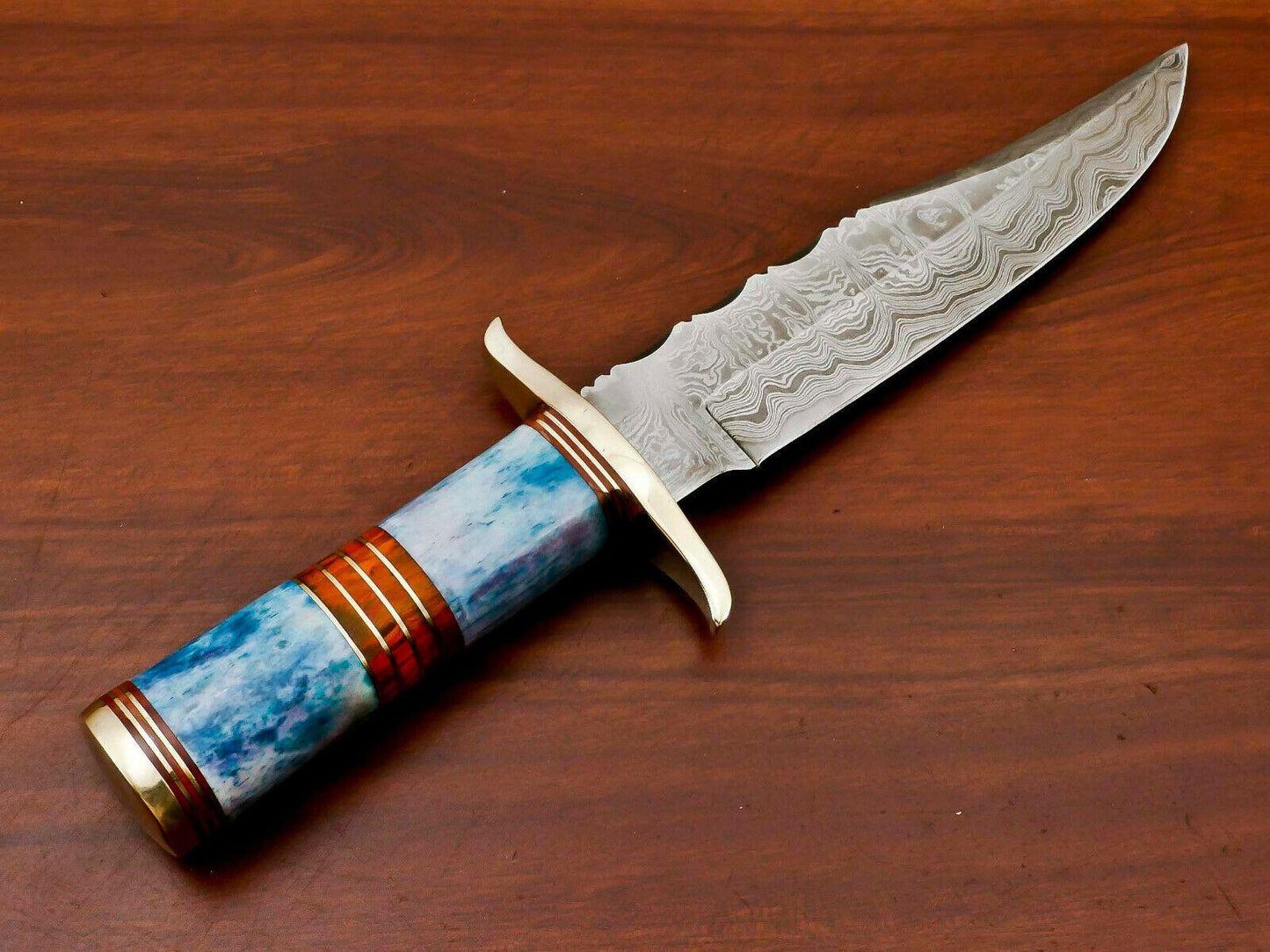 Nomads Edge 12” Damascus Bowie Knife | Stained Camel Bone & Pakka Wood Handle with Brass Guard