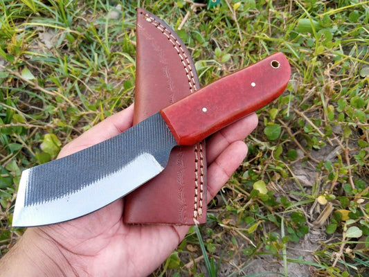 8" Custom D2 Steel Skinner Knife – Resin Handle with Leather Sheath