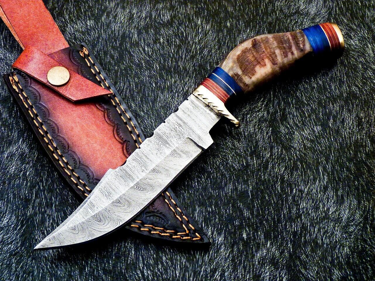 Heritage Forge 10 Inch Damascus Bowie Knife with Ram Horn and Hardwood Handle