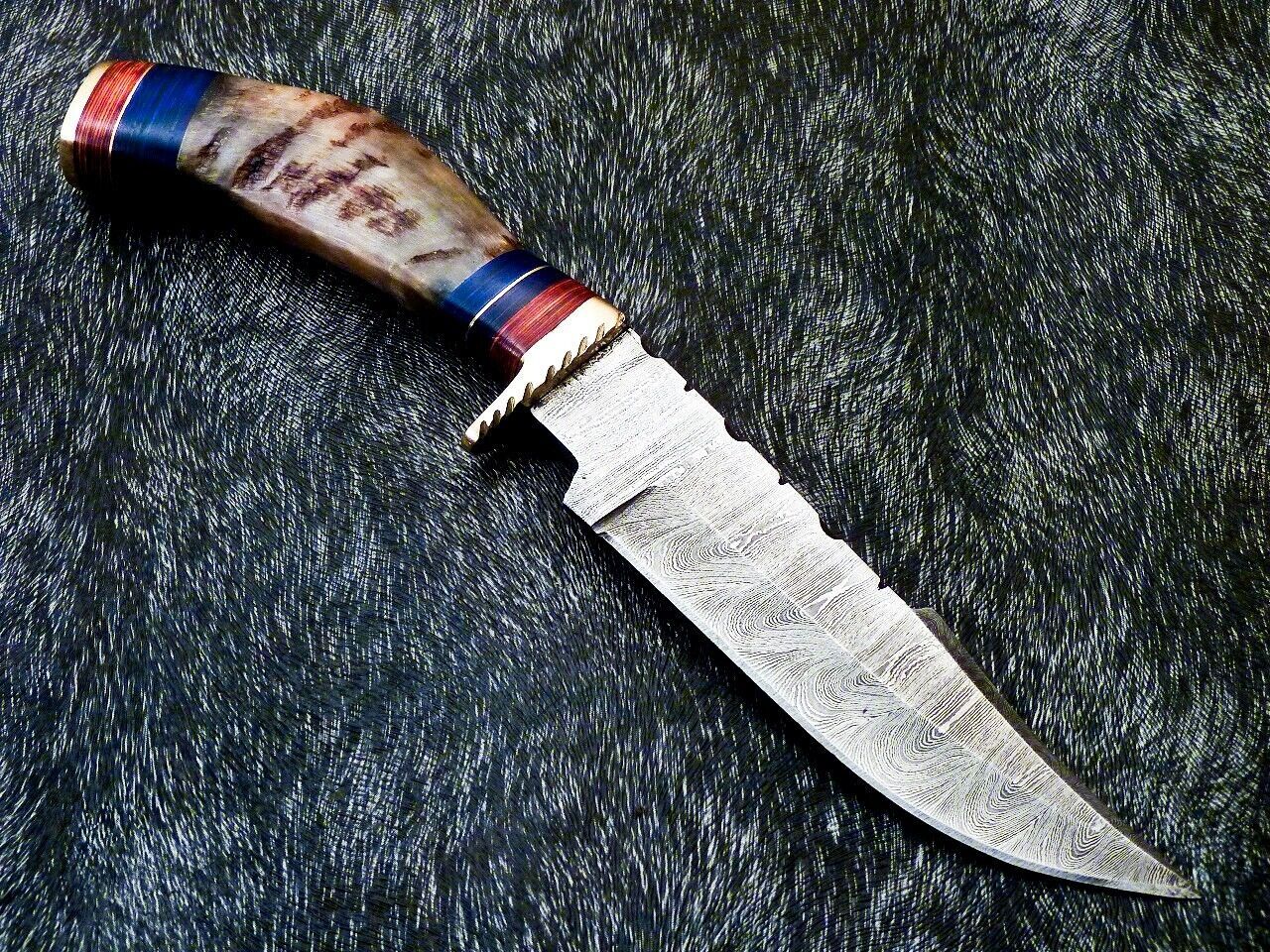 Heritage Forge 10 Inch Damascus Bowie Knife with Ram Horn and Hardwood Handle