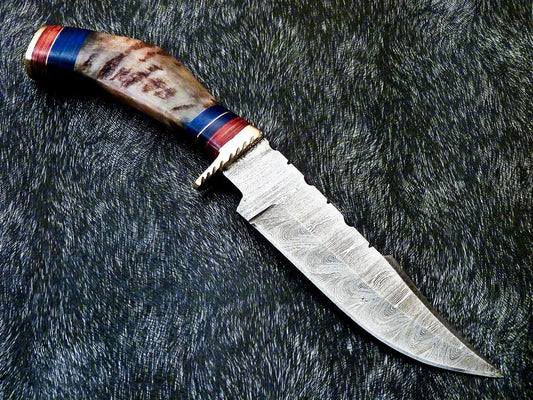 Heritage Forge 10 Inch Damascus Bowie Knife with Ram Horn and Hardwood Handle