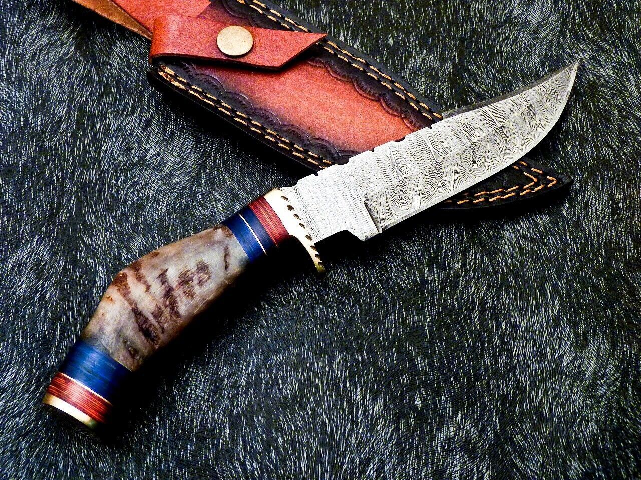 Heritage Forge 10 Inch Damascus Bowie Knife with Ram Horn and Hardwood Handle