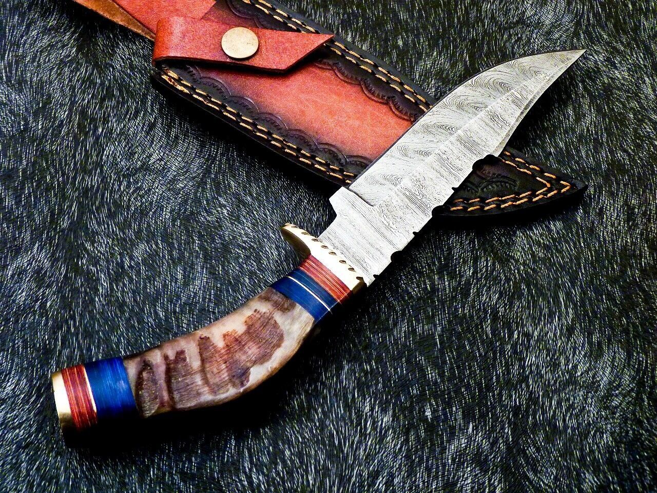 Heritage Forge 10 Inch Damascus Bowie Knife with Ram Horn and Hardwood Handle