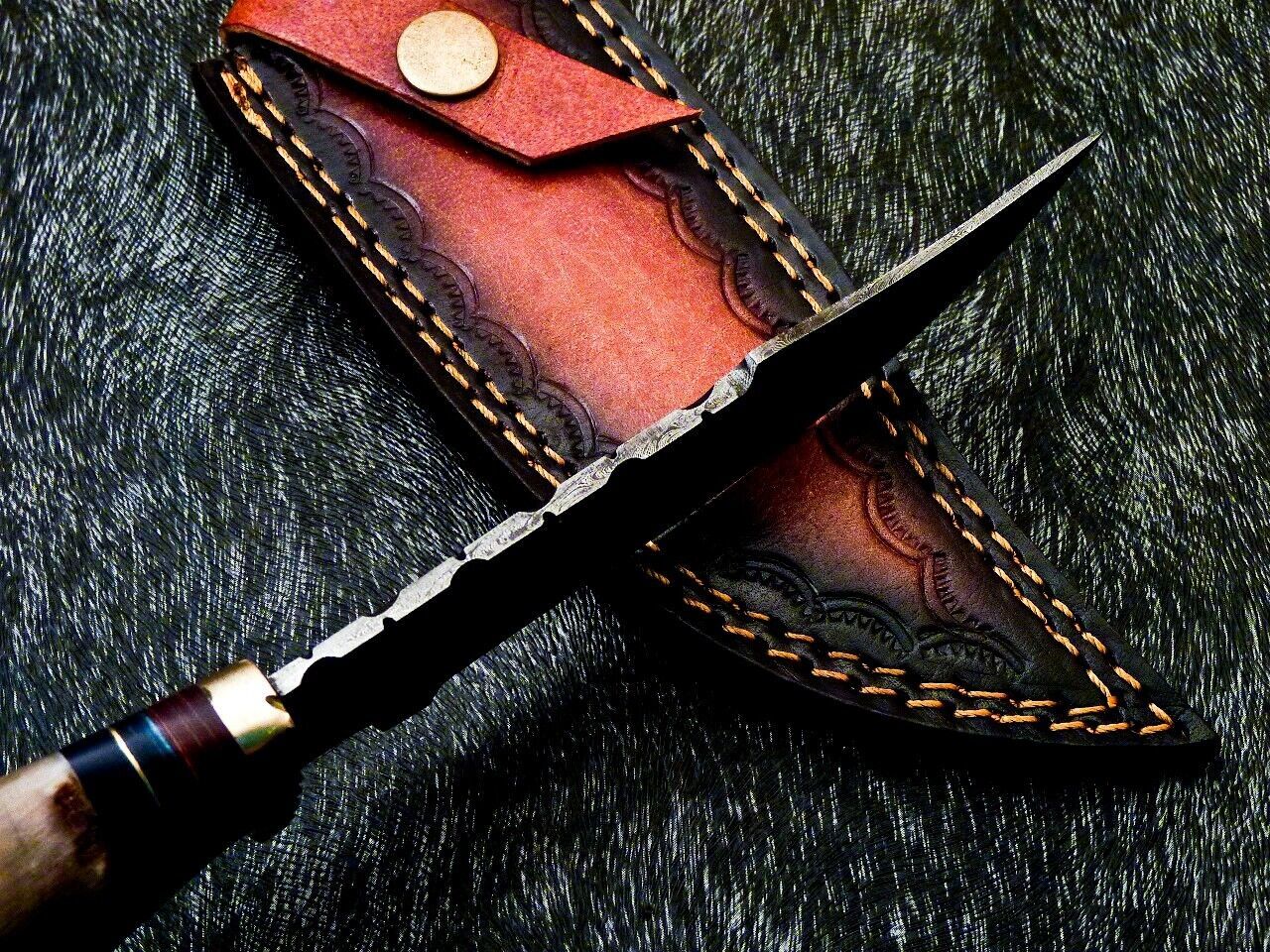 Heritage Forge 10 Inch Damascus Bowie Knife with Ram Horn and Hardwood Handle