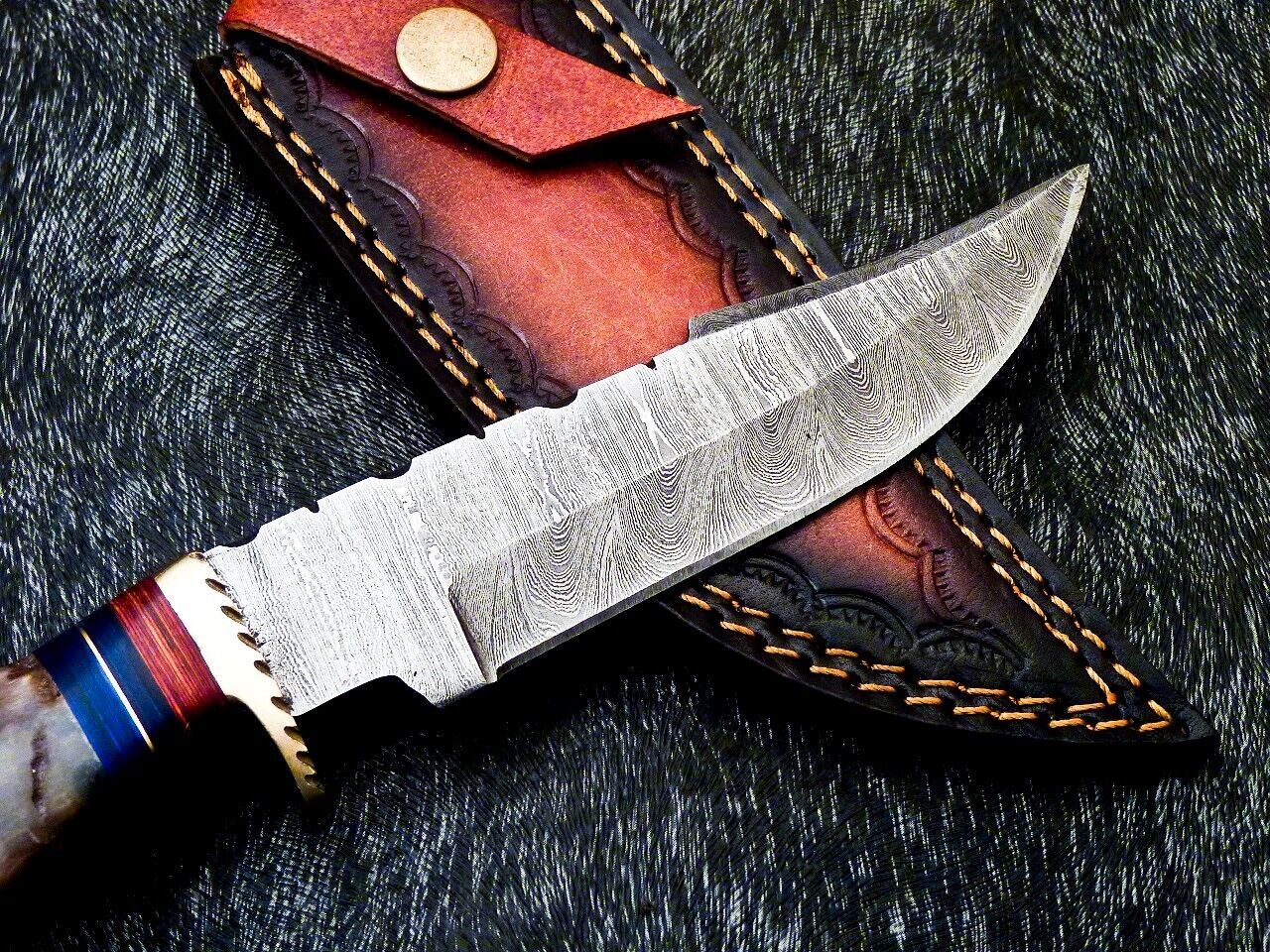 Heritage Forge 10 Inch Damascus Bowie Knife with Ram Horn and Hardwood Handle