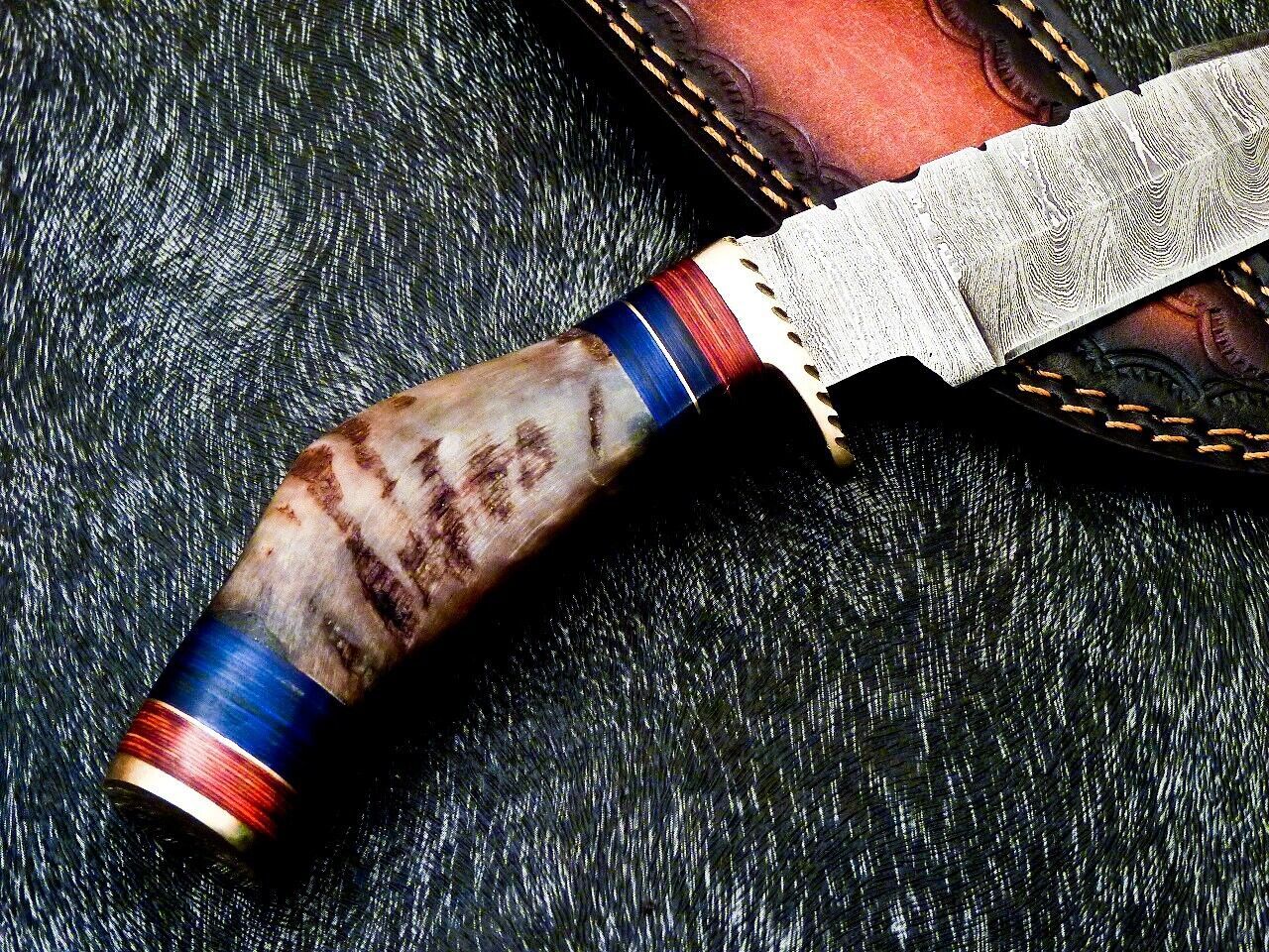 Heritage Forge 10 Inch Damascus Bowie Knife with Ram Horn and Hardwood Handle