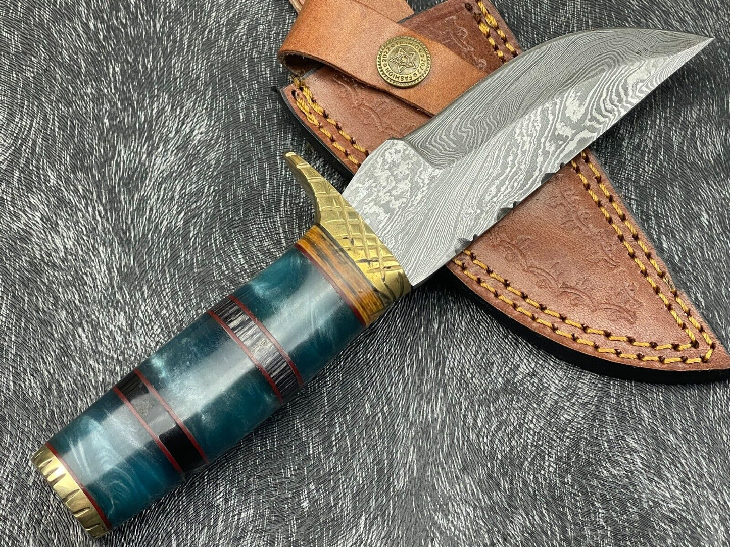 8" Resin Handle Damascus Steel Bowie Knife – Hand-Forged Hunting & Camping Knife