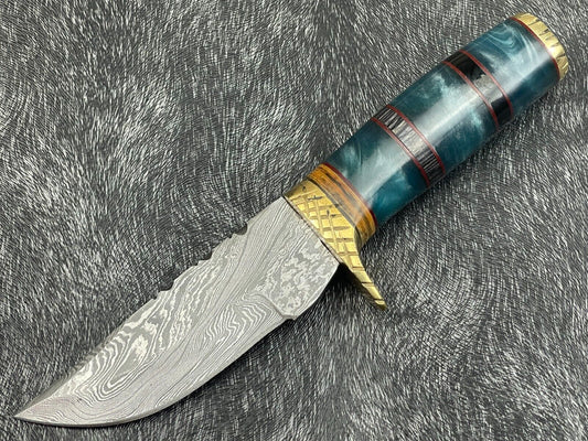 8" Resin Handle Damascus Steel Bowie Knife – Hand-Forged Hunting & Camping Knife
