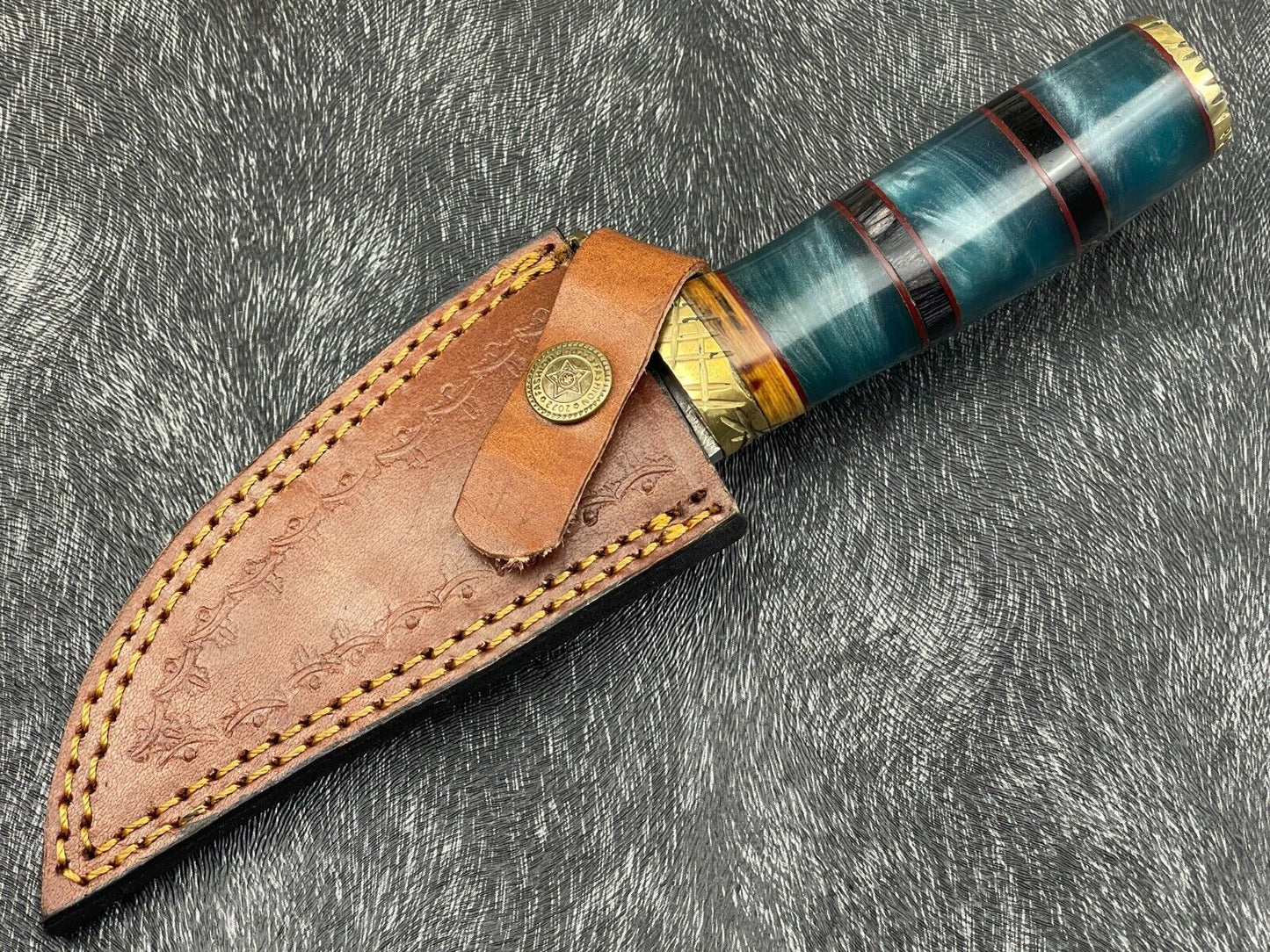8" Resin Handle Damascus Steel Bowie Knife – Hand-Forged Hunting & Camping Knife