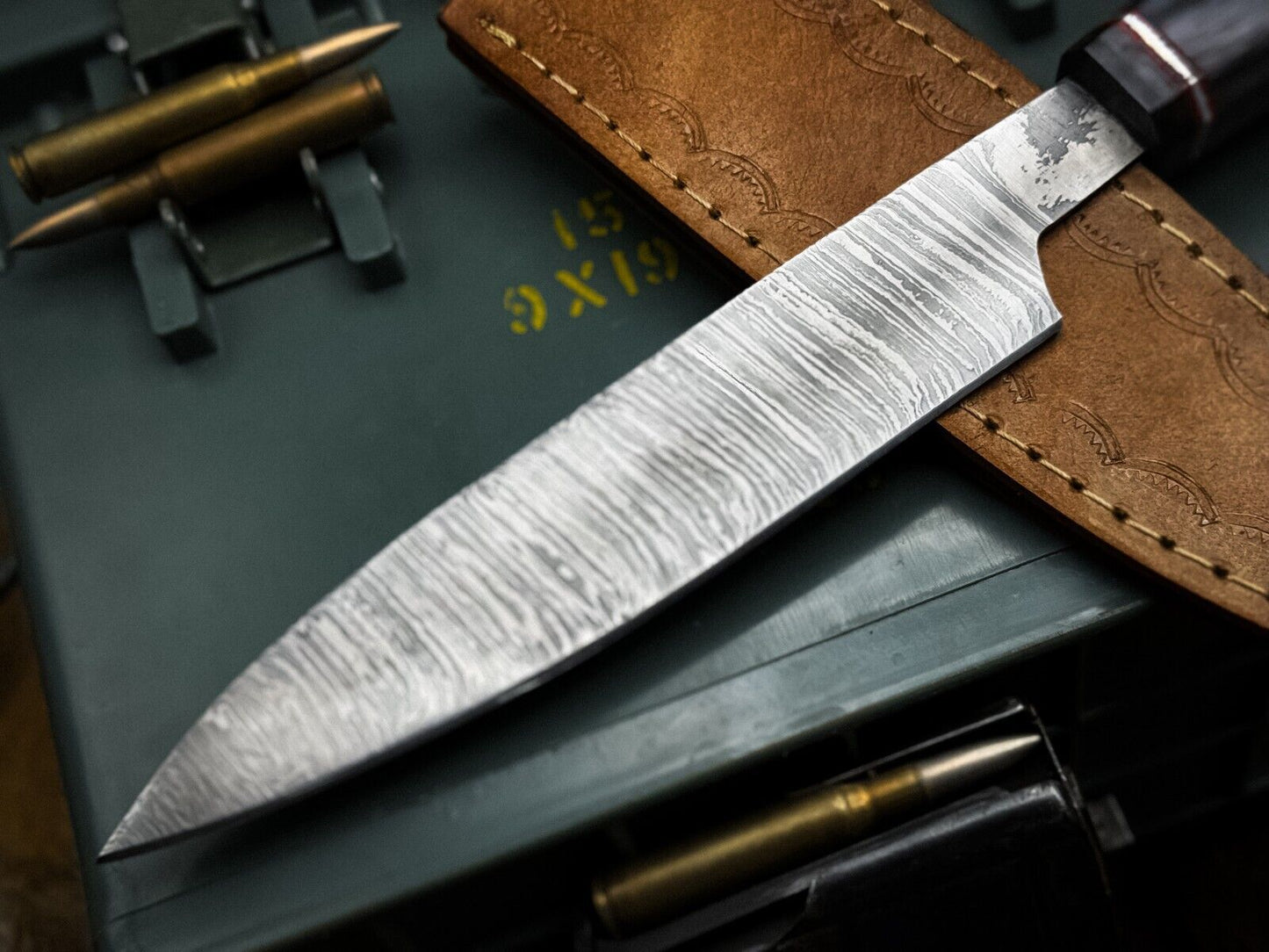 Handmade Damascus Steel Kitchen Chef Cutting Knife – Wood Handle & Leather Sheath