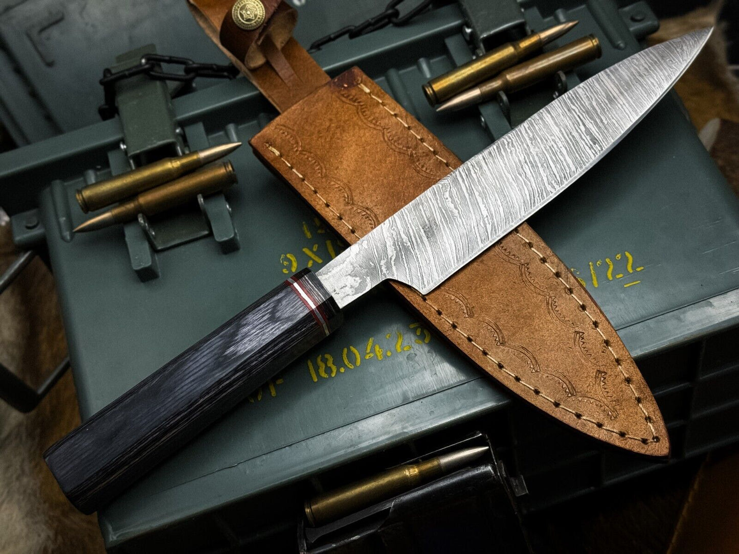 Handmade Damascus Steel Kitchen Chef Cutting Knife – Wood Handle & Leather Sheath