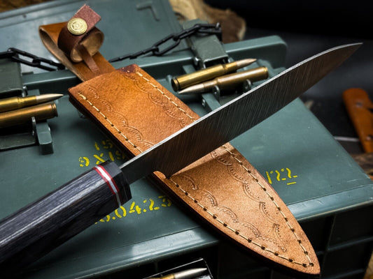 Handmade Damascus Steel Kitchen Chef Cutting Knife – Wood Handle & Leather Sheath