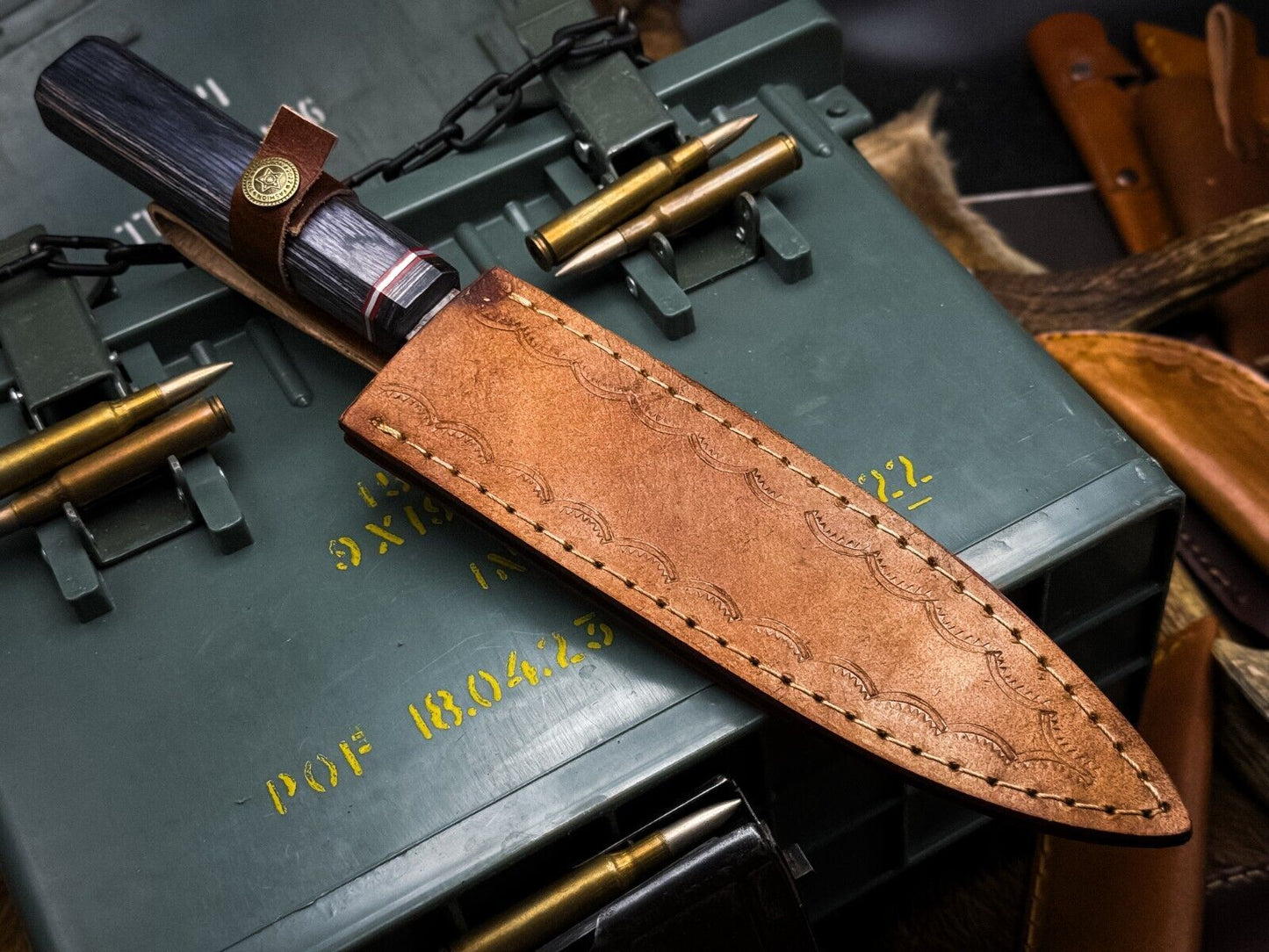 Handmade Damascus Steel Kitchen Chef Cutting Knife – Wood Handle & Leather Sheath
