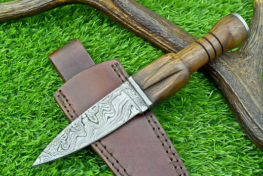 9" Handmade Damascus Steel Hunting Dagger – Natural Wood Handle w/ Sheath
