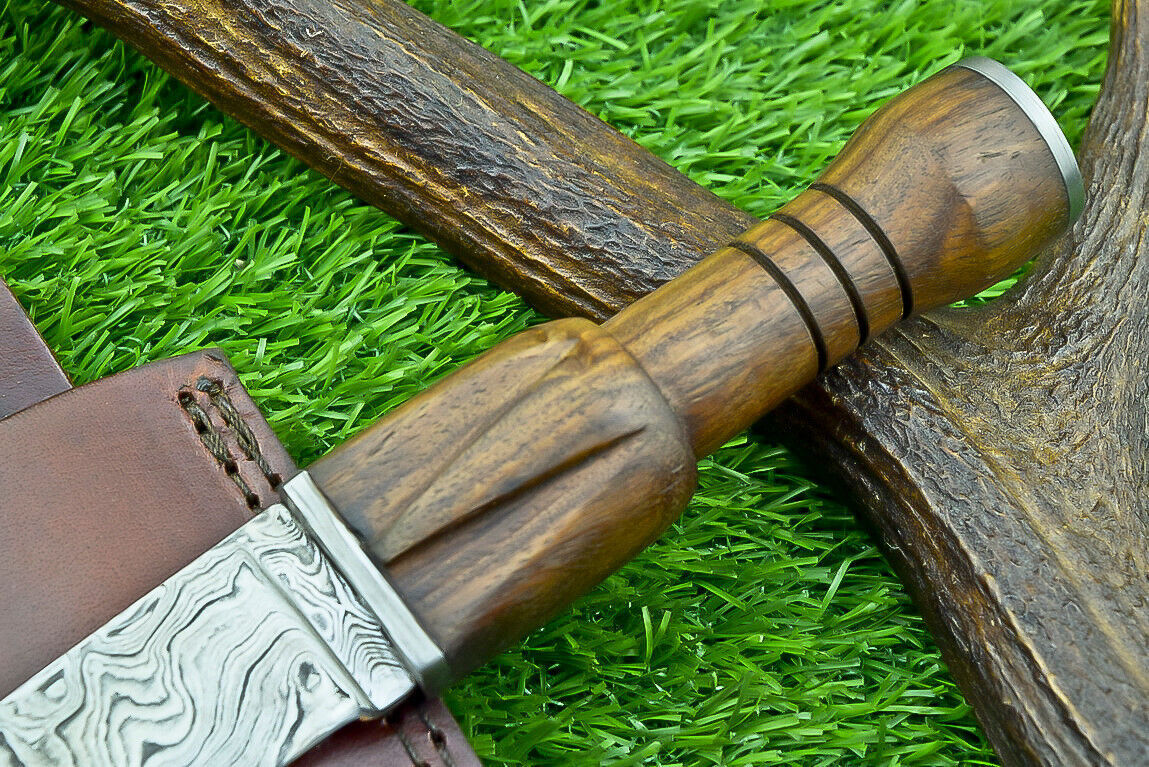 9" Handmade Damascus Steel Hunting Dagger – Natural Wood Handle w/ Sheath