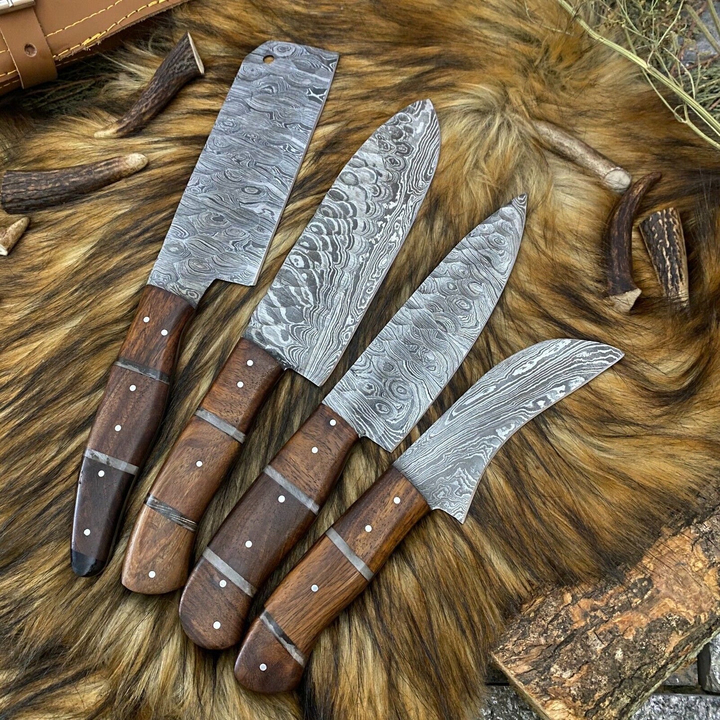 Custom Hand Forged Damascus Steel 4-Piece Kitchen Chef Knife Set with Leather Sheath Roll