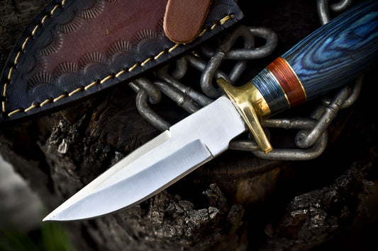 8.0" Custom Hand Forged Skinner Knife 440C Stainless Steel Hardwood Handle Brass Guard with Leather Sheath