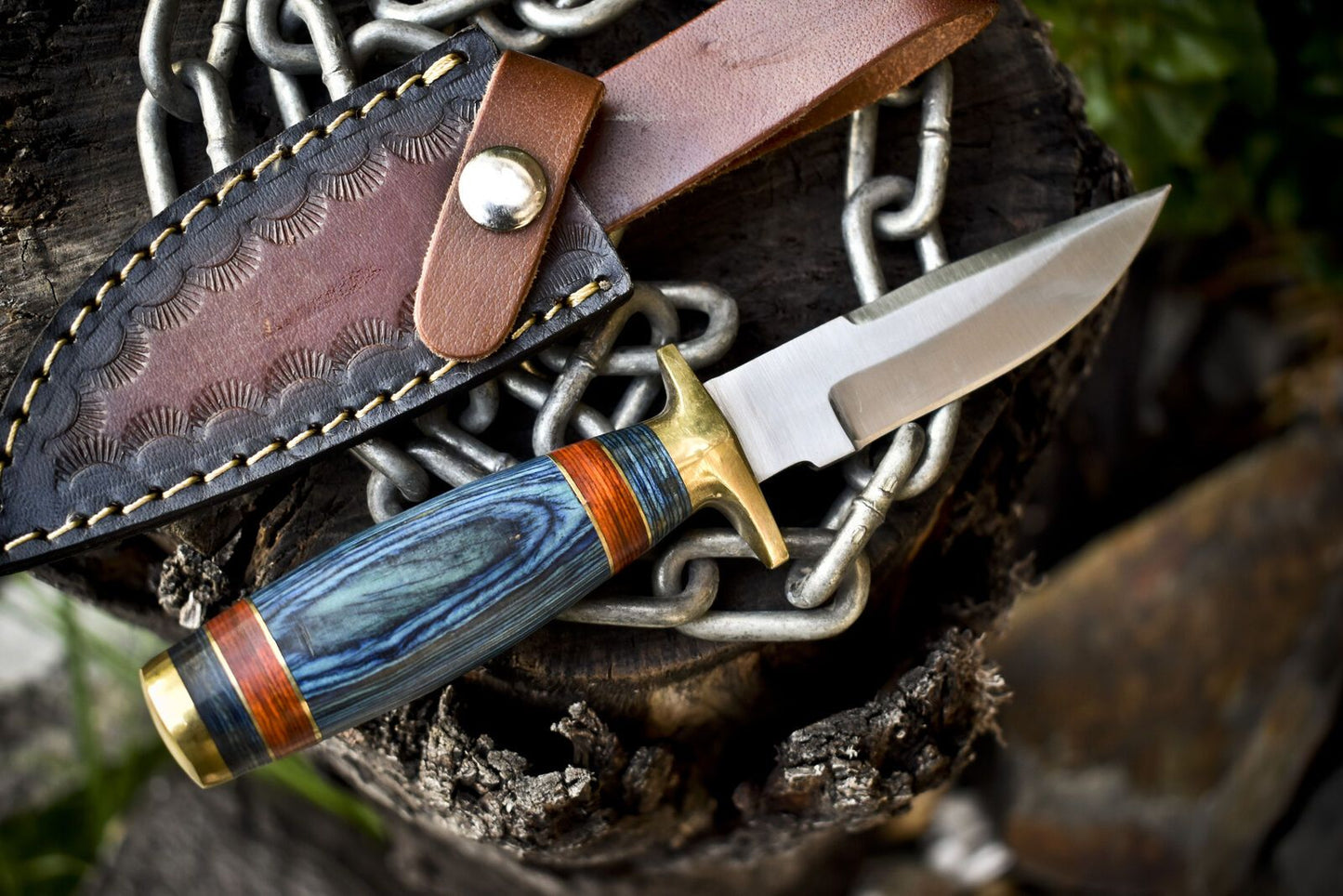 8.0" Custom Hand Forged Skinner Knife 440C Stainless Steel Hardwood Handle Brass Guard with Leather Sheath