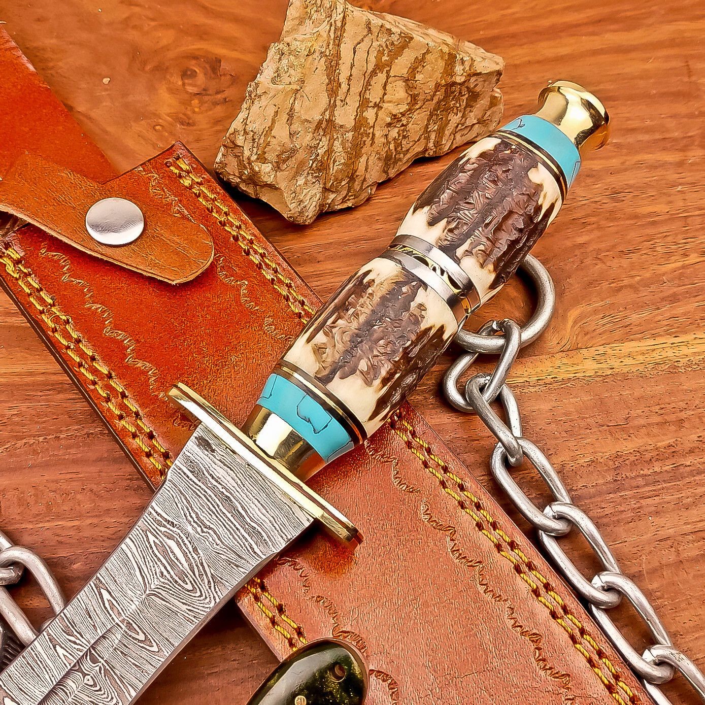 15 Inch Handmade Damascus Steel Hunting Bowie Dagger Knife with Stag Horn Handle