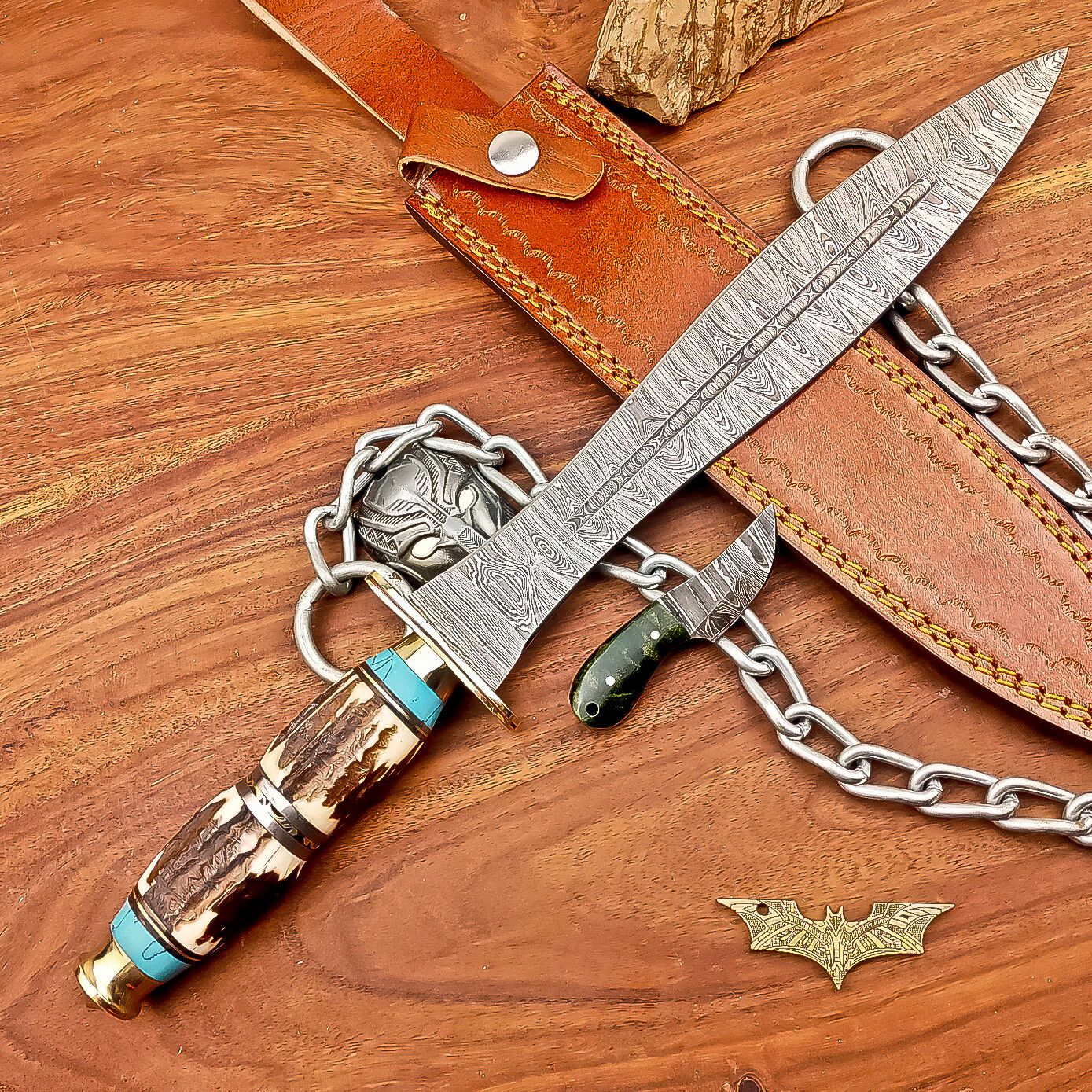 15 Inch Handmade Damascus Steel Hunting Bowie Dagger Knife with Stag Horn Handle