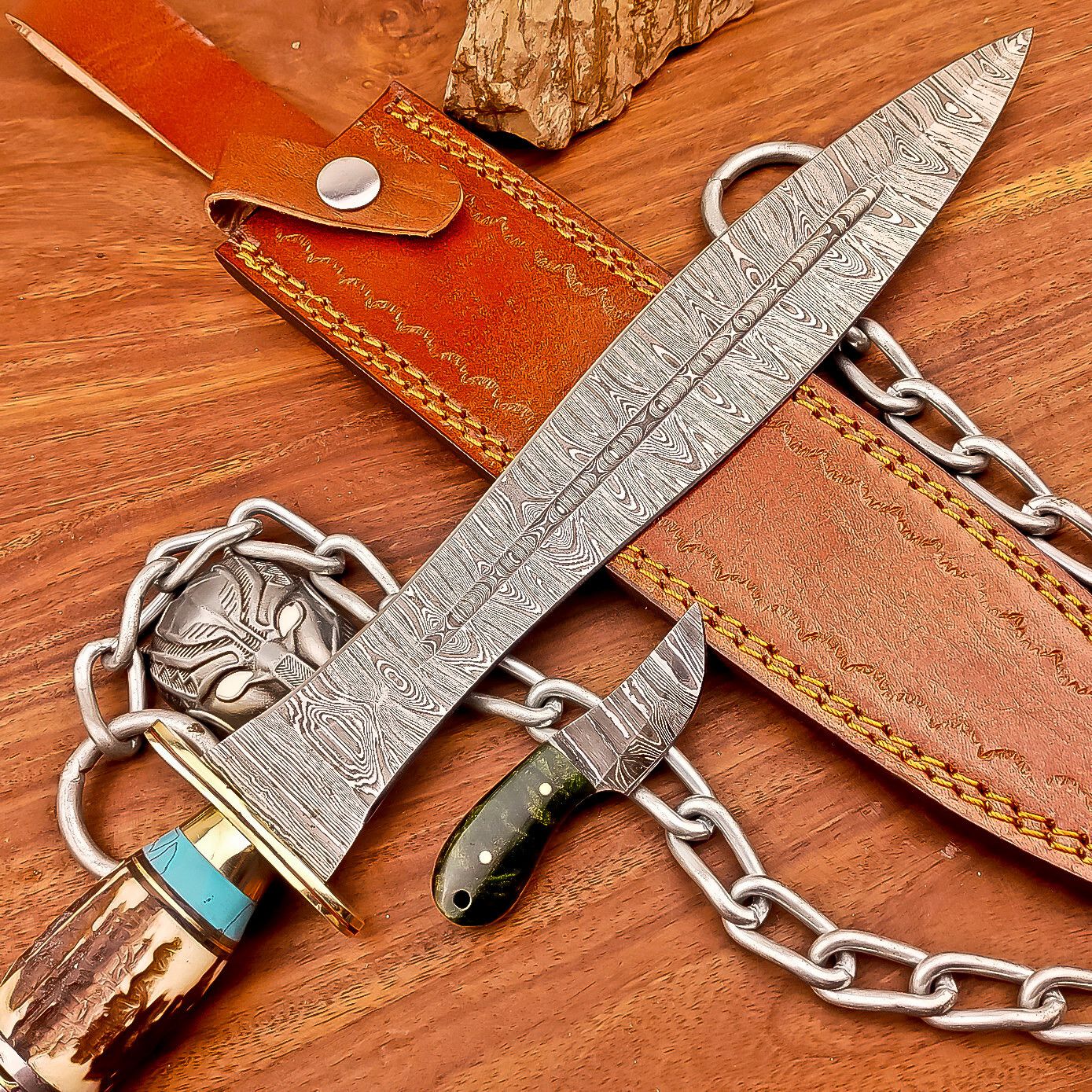 15 Inch Handmade Damascus Steel Hunting Bowie Dagger Knife with Stag Horn Handle