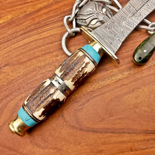 15 Inch Handmade Damascus Steel Hunting Bowie Dagger Knife with Stag Horn Handle