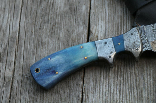 Custom Damascus Steel Bowie Knife – 11" Hunting Blade with Blue Bone Handle