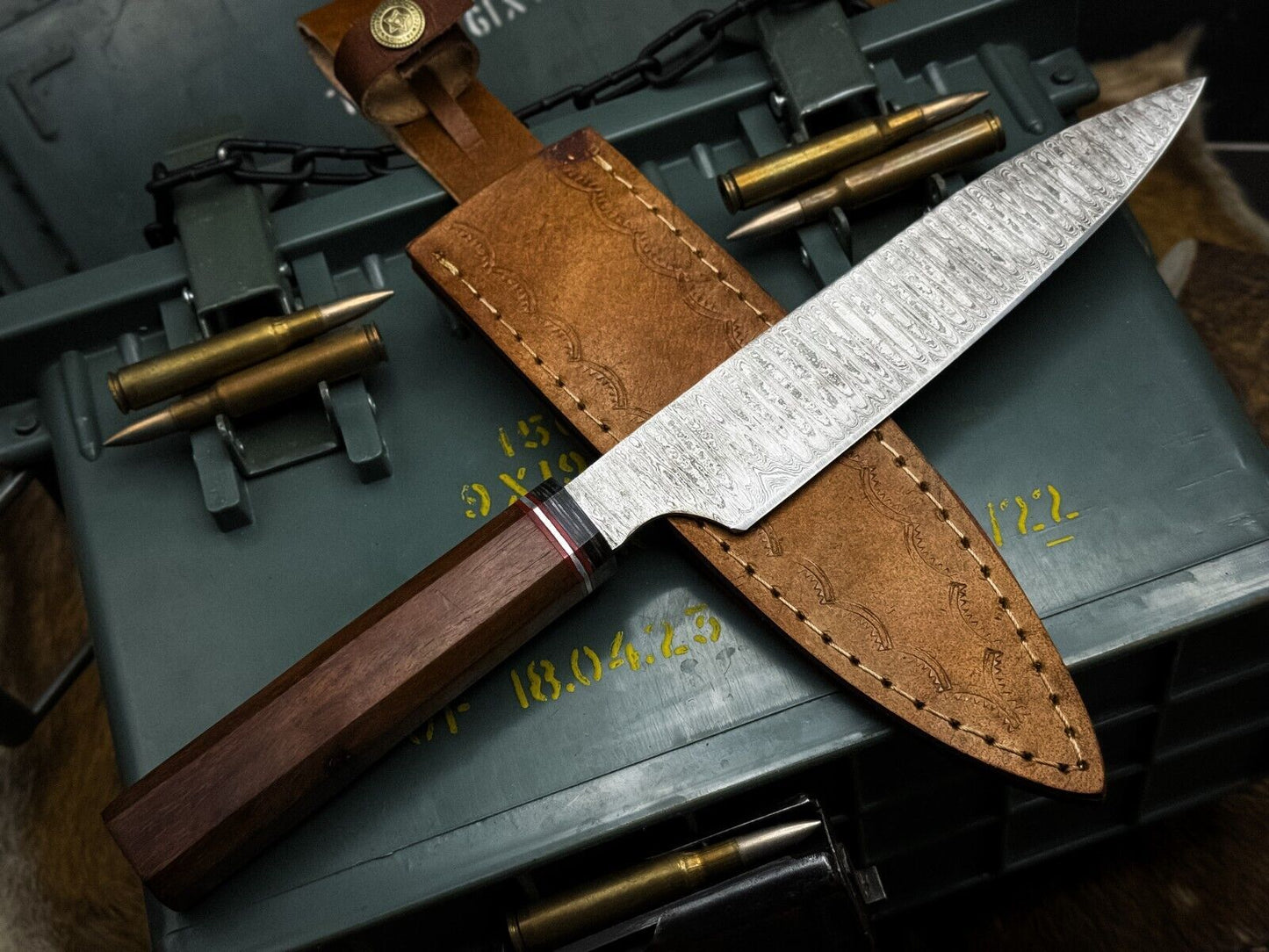 Handmade Damascus Steel Chef Knife – Wooden Handle with Cow Leather Sheath