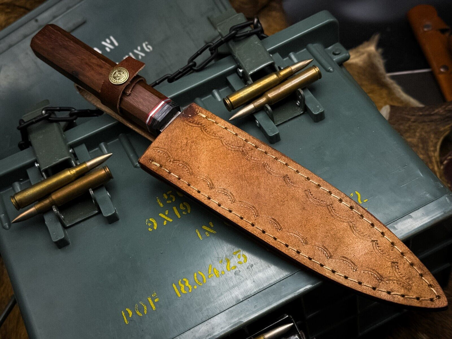 Handmade Damascus Steel Chef Knife – Wooden Handle with Cow Leather Sheath