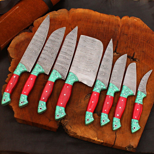 8-Piece Custom Handmade Damascus Forged Steel Chef Knife Set with Sheath