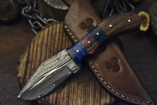 Twist Damascus Skinner Knife with Walnut Wood Handle and Micarta Bolster – Premium Handmade Hunting Blade